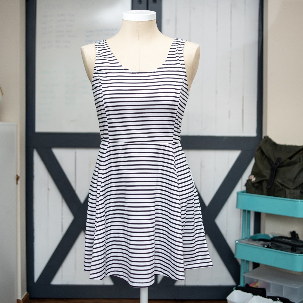 Divided Black and White Striped Skater Dress